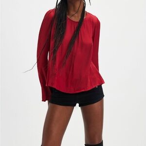 Free People Red Long Sleeve Relaxed Blouse